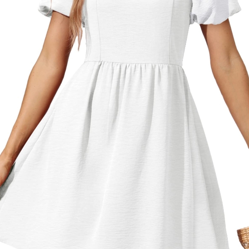XL OFEEFAN Chic White Puff Sleeve Mini Dress NWT Feminine Tie Back Neckline - Picture 2 of 7